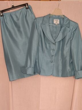LOOKING FOR A STATEMENT LE SUIT Aqua Blue Satin Skirt Suit - Women's Two-Piece